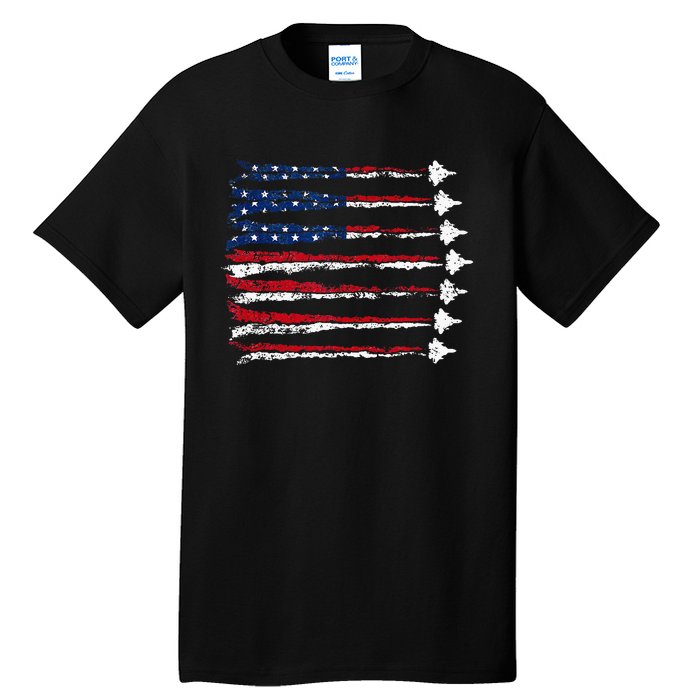 Fighter Jet Airplane Usa Flag Tall T-Shirt