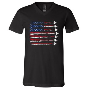 Fighter Jet Airplane Usa Flag V-Neck T-Shirt