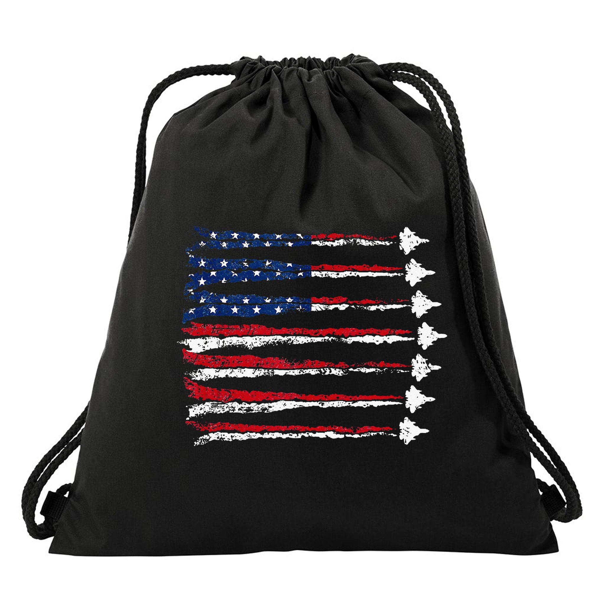 Fighter Jet Airplane Usa Flag Drawstring Bag