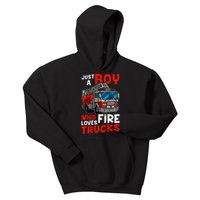 Firefighter Just A Boy Who Loves Fire Trucks Kids Hoodie