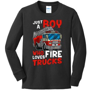 Firefighter Just A Boy Who Loves Fire Trucks Kids Long Sleeve Shirt