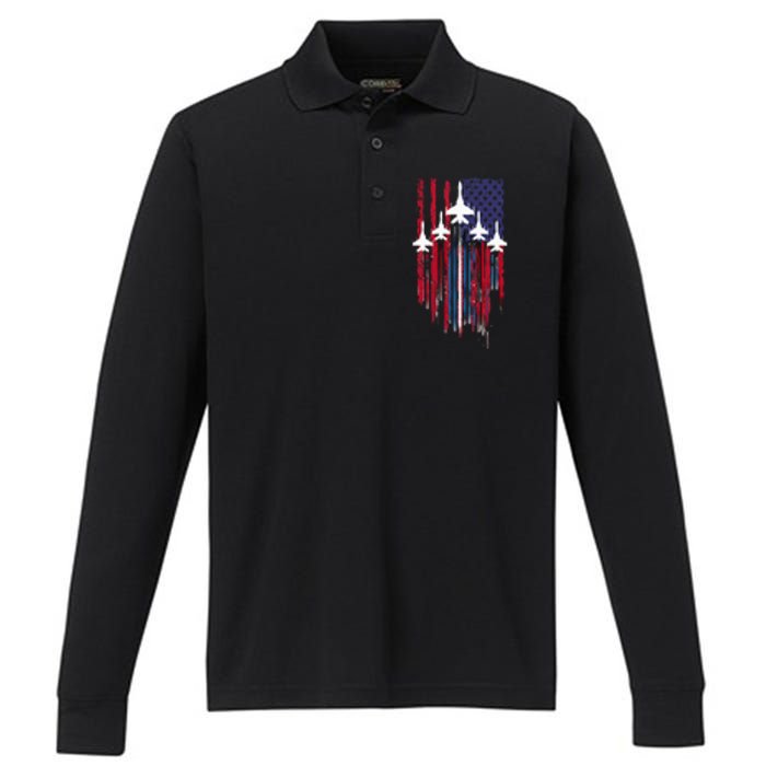 Fighter Jet Airplane American Flag Patriotic Performance Long Sleeve Polo