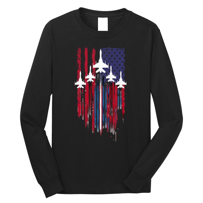 Fighter Jet Airplane American Flag Patriotic Long Sleeve Shirt