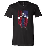 Fighter Jet Airplane American Flag Patriotic V-Neck T-Shirt