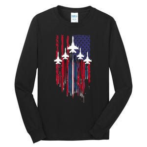 Fighter Jet Airplane American Flag Patriotic Tall Long Sleeve T-Shirt