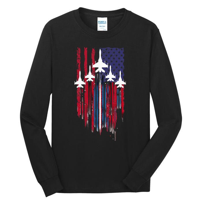 Fighter Jet Airplane American Flag Patriotic Tall Long Sleeve T-Shirt