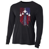 Fighter Jet Airplane American Flag Patriotic Cooling Performance Long Sleeve Crew