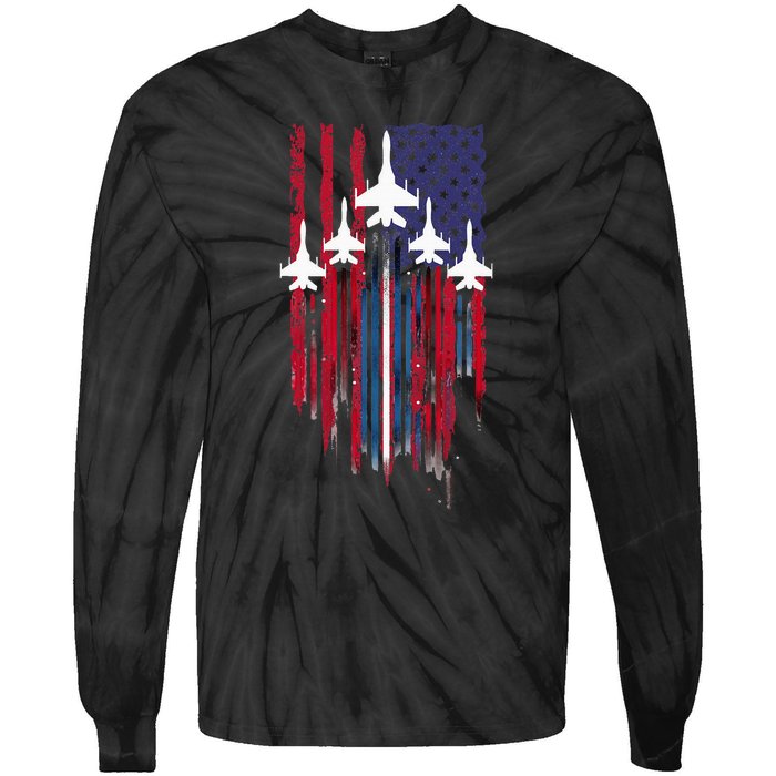 Fighter Jet Airplane American Flag Patriotic Tie-Dye Long Sleeve Shirt