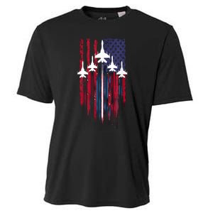 Fighter Jet Airplane American Flag Patriotic 4th Of July Cooling Performance Crew T-Shirt