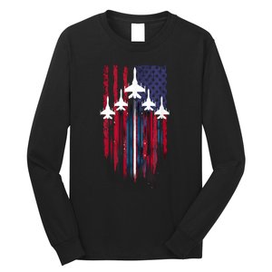 Fighter Jet Airplane American Flag Patriotic 4th Of July Long Sleeve Shirt