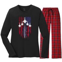 Fighter Jet Airplane American Flag Patriotic 4th Of July Women's Long Sleeve Flannel Pajama Set 