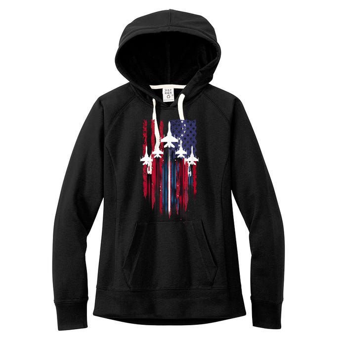 Fighter Jet Airplane American Flag Patriotic 4th Of July Women's Fleece Hoodie