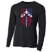 Fighter Jet Airplane American Flag Patriotic 4th Of July Cooling Performance Long Sleeve Crew