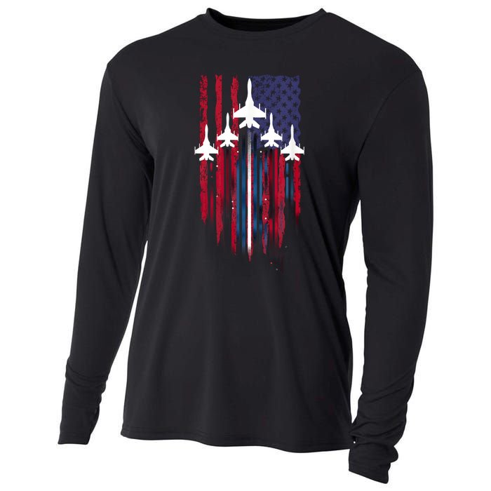 Fighter Jet Airplane American Flag Patriotic 4th Of July Cooling Performance Long Sleeve Crew