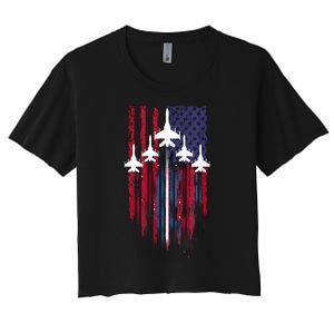 Fighter Jet Airplane American Flag Patriotic 4th Of July Women's Crop Top Tee