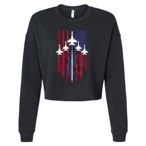 Fighter Jet Airplane American Flag Patriotic 4th Of July Cropped Pullover Crew