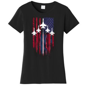 Fighter Jet Airplane American Flag Patriotic 4th Of July Women's T-Shirt