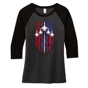 Fighter Jet Airplane American Flag Patriotic 4th Of July Women's Tri-Blend 3/4-Sleeve Raglan Shirt