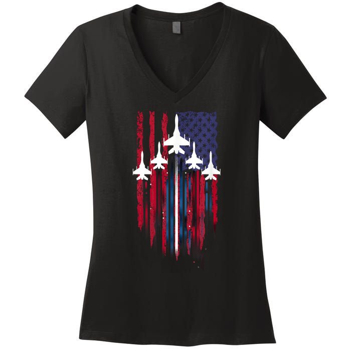 Fighter Jet Airplane American Flag Patriotic 4th Of July Women's V-Neck T-Shirt