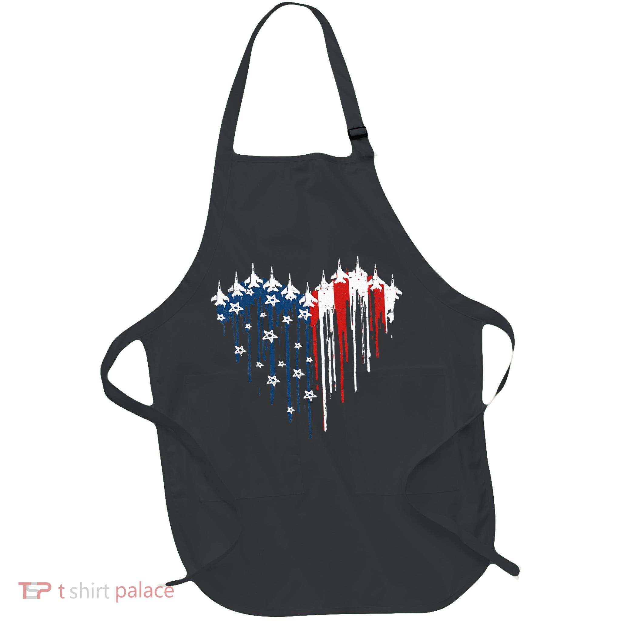 Fighter Jet Airplane American Flag Heart Full-Length Apron With Pockets