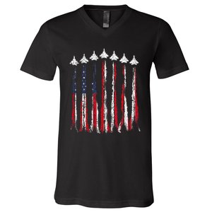 Fighter Jet Airplane USA Flag 4th Of July Patriotic V-Neck T-Shirt