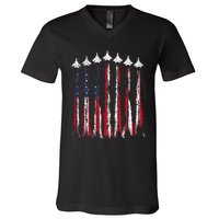 Fighter Jet Airplane USA Flag 4th Of July Patriotic V-Neck T-Shirt