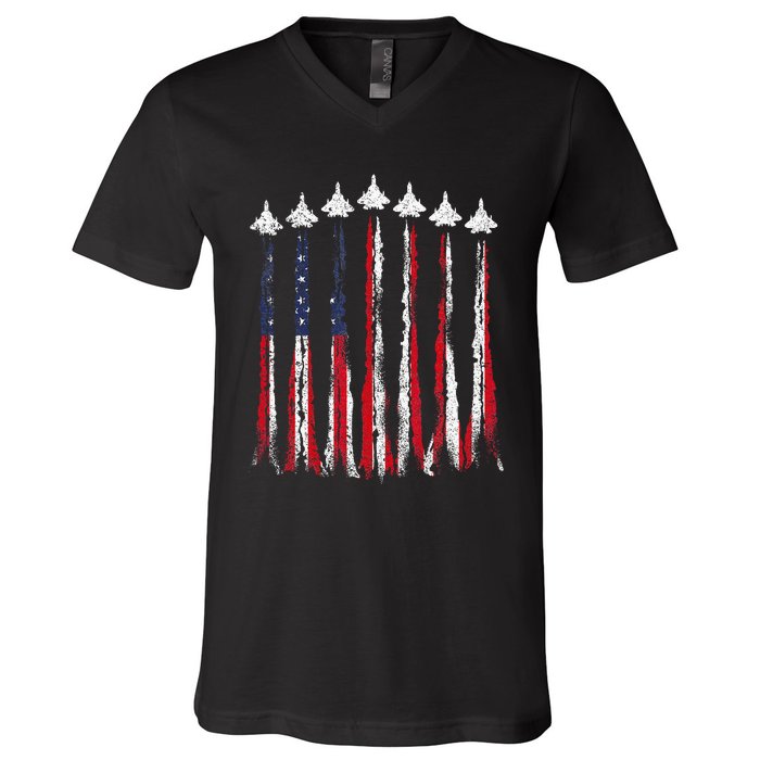 Fighter Jet Airplane USA Flag 4th Of July Patriotic V-Neck T-Shirt