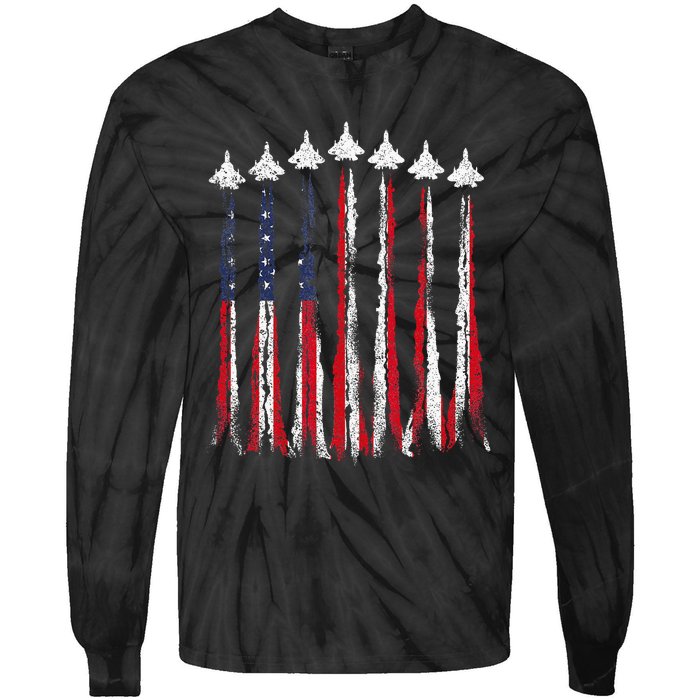 Fighter Jet Airplane USA Flag 4th Of July Patriotic Tie-Dye Long Sleeve Shirt