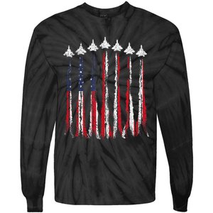 Fighter Jet Airplane USA Flag 4th Of July Patriotic Tie-Dye Long Sleeve Shirt