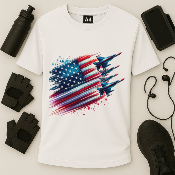Flying Jets American Flag Usa Patriotic 4th Of July Cooling Performance Crew T-Shirt