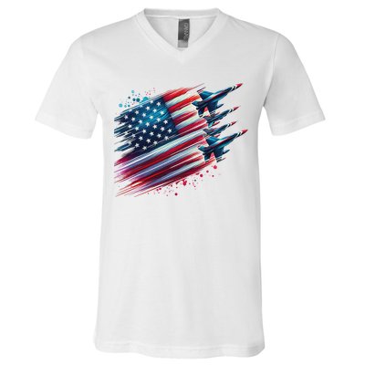 Flying Jets American Flag Usa Patriotic 4th Of July V-Neck T-Shirt