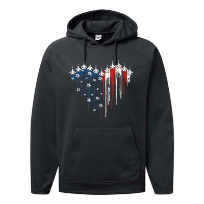 Fighter Jet Airplane American Flag Heart Performance Fleece Hoodie