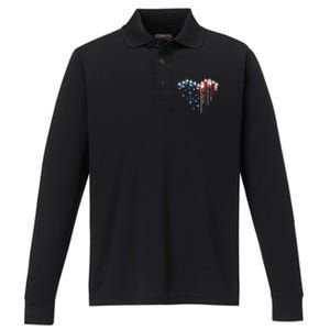 Fighter Jet Airplane American Flag Heart Performance Long Sleeve Polo