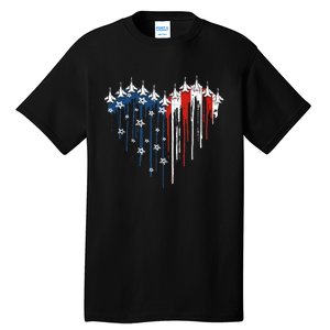 Fighter Jet Airplane American Flag Heart Tall T-Shirt