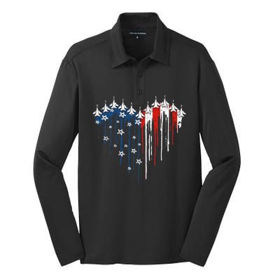 Fighter Jet Airplane American Flag Heart Silk Touch Performance Long Sleeve Polo