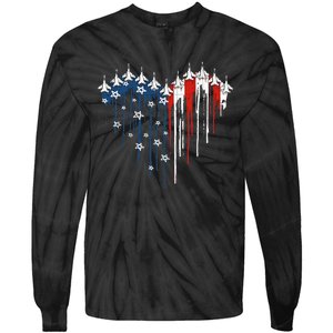 Fighter Jet Airplane American Flag Heart Tie-Dye Long Sleeve Shirt