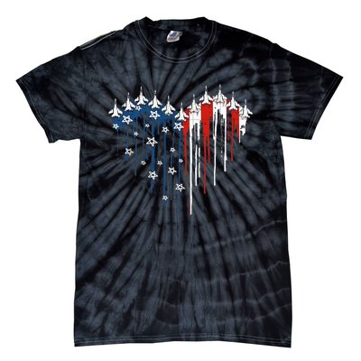 Fighter Jet Airplane American Flag Heart Tie-Dye T-Shirt