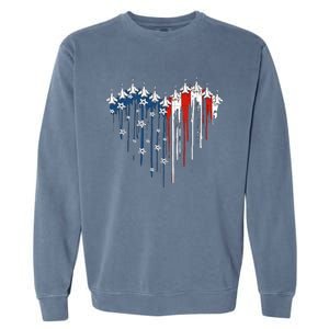 Fighter Jet Airplane American Flag Heart Garment-Dyed Sweatshirt