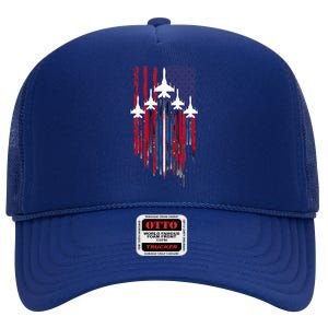 Fighter Jet Airplane American Flag Patriotic High Crown Mesh Back Trucker Hat