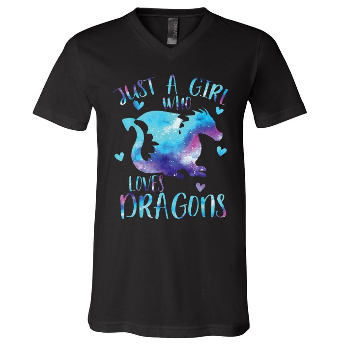 Funny Just A Girlss Who Loves Dragons Galaxy Space Dragon Cute Girlss V-Neck T-Shirt