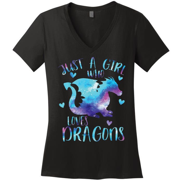 Funny Just A Girlss Who Loves Dragons Galaxy Space Dragon Cute Girlss Women's V-Neck T-Shirt