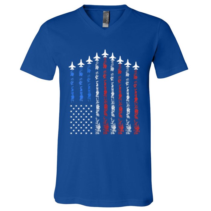 Fighter Jet Airplane Usa Flag 4th Of July V-Neck T-Shirt