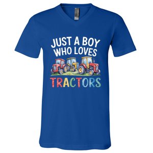 Farm Just A Who Loves Tractors Farmer Cute Gift V-Neck T-Shirt