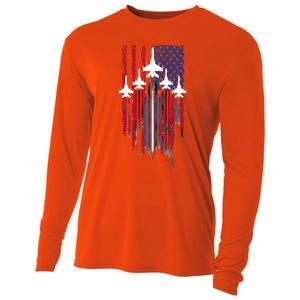 Fighter Jet Airplane American Flag Patriotic Cooling Performance Long Sleeve Crew