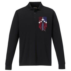 Fighter Jet Airplane American Flag Patriotic Performance Long Sleeve Polo