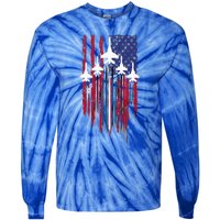 Fighter Jet Airplane American Flag Patriotic Tie-Dye Long Sleeve Shirt