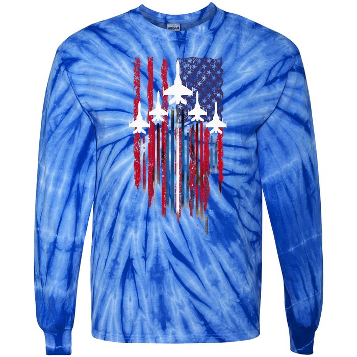 Fighter Jet Airplane American Flag Patriotic Tie-Dye Long Sleeve Shirt