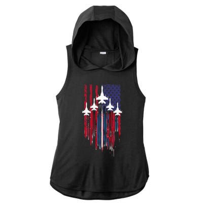 Fighter Jet Airplane American Flag Patriotic Ladies PosiCharge Tri-Blend Wicking Draft Hoodie Tank