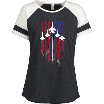 Fighter Jet Airplane American Flag Patriotic Enza Ladies Jersey Colorblock Tee