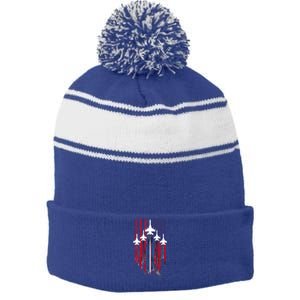 Fighter Jet Airplane American Flag Patriotic Stripe Pom Pom Beanie